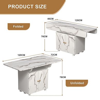 Rolling Folding Kitchen Table with Drawers and Shelves, Engineered Wood, Seats Up to 6