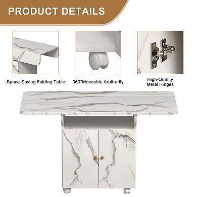 Rolling Folding Kitchen Table with Drawers and Shelves, Engineered Wood, Seats Up to 6