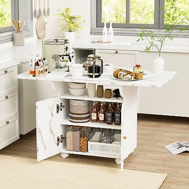 Rolling Folding Kitchen Table with Drawers and Shelves, Engineered Wood, Seats Up to 6