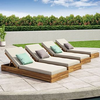 Adjustable Chaise Lounge Acacia Wood with 5-Position Recline, Set of 4