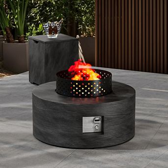 30" Inch Round Wood Grain Iron Fire Pit,50000 BTU with Lid,for Home and Camping（Wood Grain/Gray）