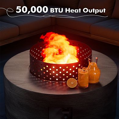 30" Inch Round Wood Grain Iron Fire Pit,50000 BTU with Lid,for Home and Camping（Wood Grain/Gray）