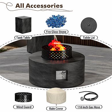 30" Inch Round Wood Grain Iron Fire Pit,50000 BTU with Lid,for Home and Camping（Wood Grain/Gray）