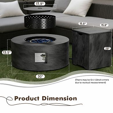 30" Inch Round Wood Grain Iron Fire Pit,50000 BTU with Lid,for Home and Camping（Wood Grain/Gray）