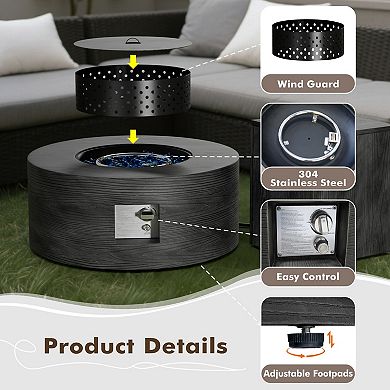 30" Inch Round Wood Grain Iron Fire Pit,50000 BTU with Lid,for Home and Camping（Wood Grain/Gray）