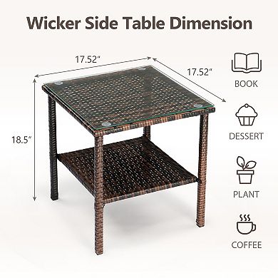 Outdoor Wicker End Table with Steel Frame and Glass Top for Balcony or Deck