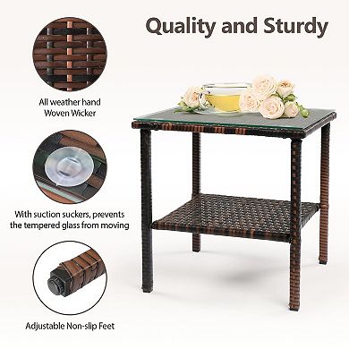 Outdoor Wicker End Table with Steel Frame and Glass Top for Balcony or Deck