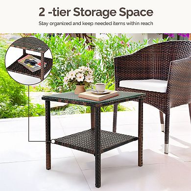 Outdoor Wicker End Table with Steel Frame and Glass Top for Balcony or Deck