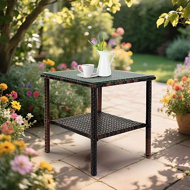 Outdoor Wicker End Table with Steel Frame and Glass Top for Balcony or Deck