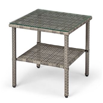 Outdoor Wicker End Table with Steel Frame and Glass Top for Balcony or Deck