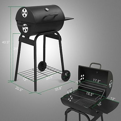 Barrel Charcoal BBQ Grill with Side Table, Warming Rack & Thermometer for Patio Backyard