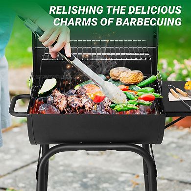 Barrel Charcoal BBQ Grill with Side Table, Warming Rack & Thermometer for Patio Backyard