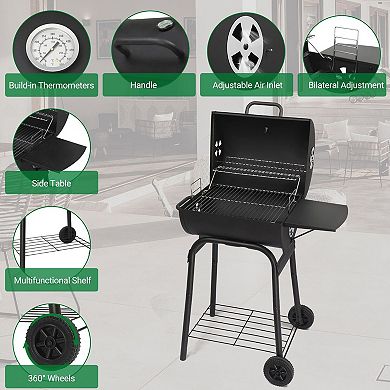 Barrel Charcoal BBQ Grill with Side Table, Warming Rack & Thermometer for Patio Backyard