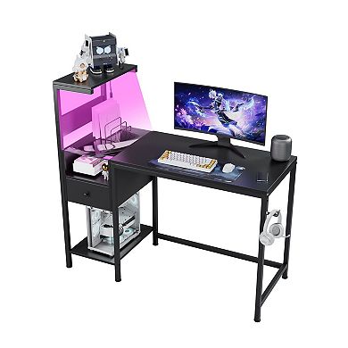 Reversible Computer Desk with 4 Shelves, Drawer, and RGB LED Lights - Black