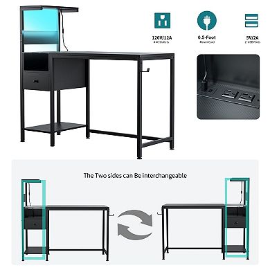 Reversible Computer Desk with 4 Shelves, Drawer, and RGB LED Lights - Black