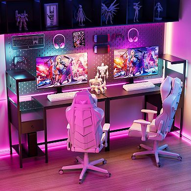 Reversible Computer Desk with 4 Shelves, Drawer, and RGB LED Lights - Black