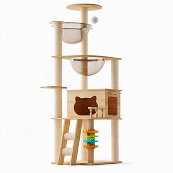 Modern Wood Cat Tree Tower with Sisal Posts, Acrylic Hammock and Top Perch