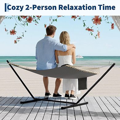 Double Quilted Fabric 2 person Hammock with Hardwood Spreader Bars and Pillow 450 LBS Capacity