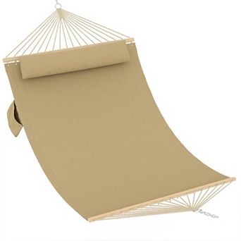 Double Quilted Fabric 2 person Hammock with Hardwood Spreader Bars and Pillow 450 LBS Capacity