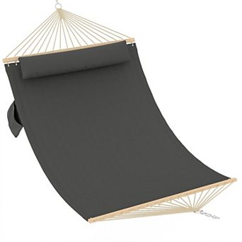 Double Quilted Fabric 2 person Hammock with Hardwood Spreader Bars and Pillow 450 LBS Capacity