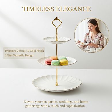 3-Tier White Ceramic Cake Stand, Dessert Cupcake Stand for Wedding & Tea Party