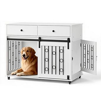 IFMALL Modern Wooden Pet Crate Furniture with Double Drawers and Sliding Door