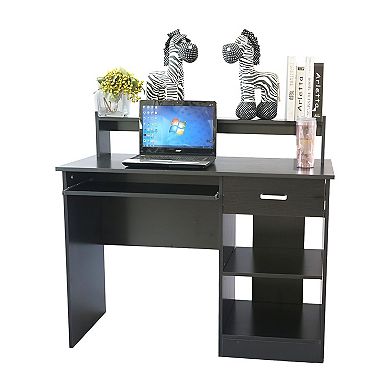 Modern Home Office Desk with Drawer, 43-Inch Computer Desk with Shelves - Black