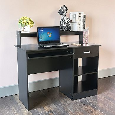 Modern Home Office Desk with Drawer, 43-Inch Computer Desk with Shelves - Black
