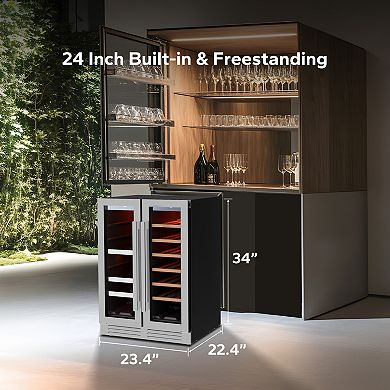 24 inch Wine Cooler Beverage Refrigerator, Hold 60 Cans and 20 Bottles Dual Zone