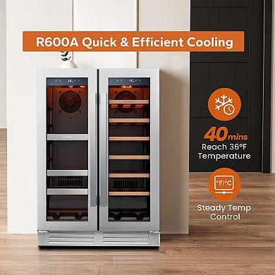 24 inch Wine Cooler Beverage Refrigerator, Hold 60 Cans and 20 Bottles Dual Zone