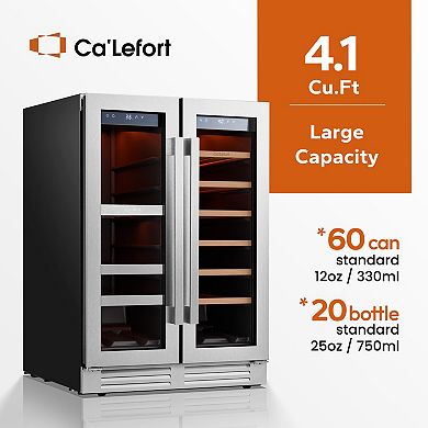 24 inch Wine Cooler Beverage Refrigerator, Hold 60 Cans and 20 Bottles Dual Zone