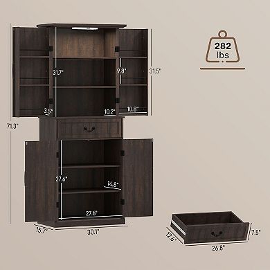 Freestanding Kitchen Storage Cabinet with Sensor Light, Door Racks and Large Drawer