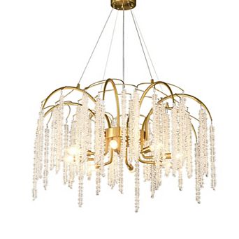 Gold Wrought Iron 31.5 Inch Modern Crystal Waterfall Chandelier Ceiling Light Fixture
