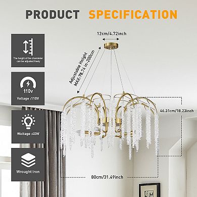 Gold Wrought Iron 31.5 Inch Modern Crystal Waterfall Chandelier Ceiling Light Fixture