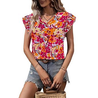 Women's Floral Print T Shirts V Neck Short Sleeve Tie Backless Summer Top Casual T-Shirts Blouses