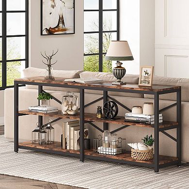 Narrow Sofa Table 70.9", Industrial Entryway Table with Open Storage Shelves and Metal Frame