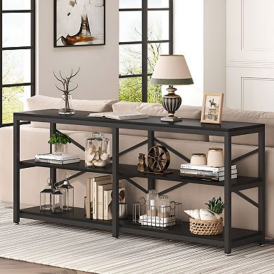 Narrow Sofa Table 70.9", Industrial Entryway Table with Open Storage Shelves and Metal Frame