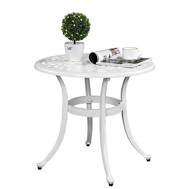 Outdoor Round End Table with Umbrella Hole and Adjustable Feet, Cast Aluminum