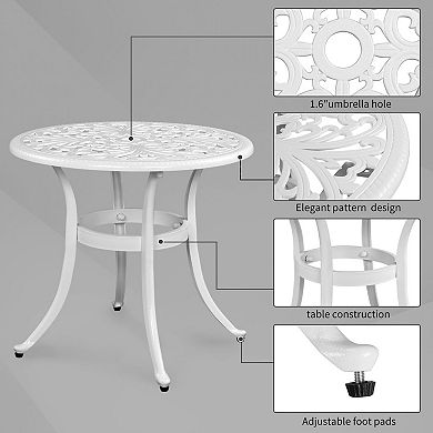 Outdoor Round End Table with Umbrella Hole and Adjustable Feet, Cast Aluminum