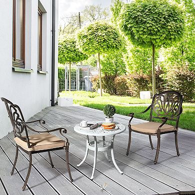 Outdoor Round End Table with Umbrella Hole and Adjustable Feet, Cast Aluminum