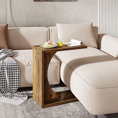 C Table for Couch with Rectangular Wood Top, Slim Side Table for Laptop, Snacks, or Small Spaces