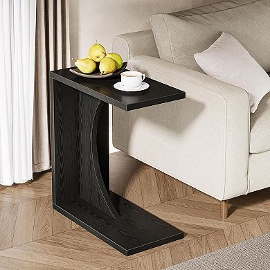 C Table for Couch with Rectangular Wood Top, Slim Side Table for Laptop, Snacks, or Small Spaces