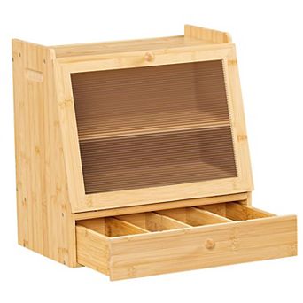 2 tier Wicker Bread Box with Drawer and Acrylic Door for Countertop Storage