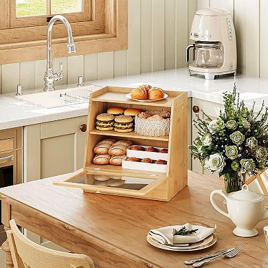 2-Tier Wicker Bread Box with Drawer and Acrylic Door for Countertop Storage