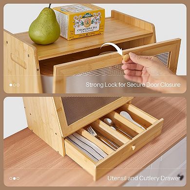 2-Tier Wicker Bread Box with Drawer and Acrylic Door for Countertop Storage