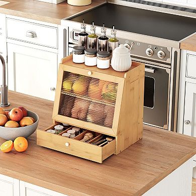 2-Tier Wicker Bread Box with Drawer and Acrylic Door for Countertop Storage