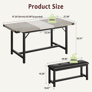 3 Piece Dining Table Set for 4-6, Large Extendable Kitchen Table Set with 2 Benches