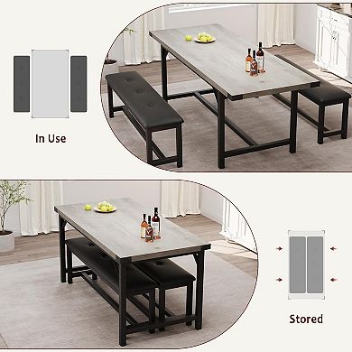 3 Piece Dining Table Set for 4-6, Large Extendable Kitchen Table Set with 2 Benches