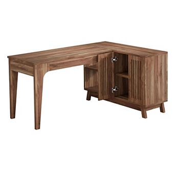 L-Shaped Home Office Desk with Open Shelves and Side Cabinet, Corner Computer Table