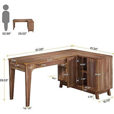 L-Shaped Home Office Desk with Open Shelves and Side Cabinet, Corner Computer Table